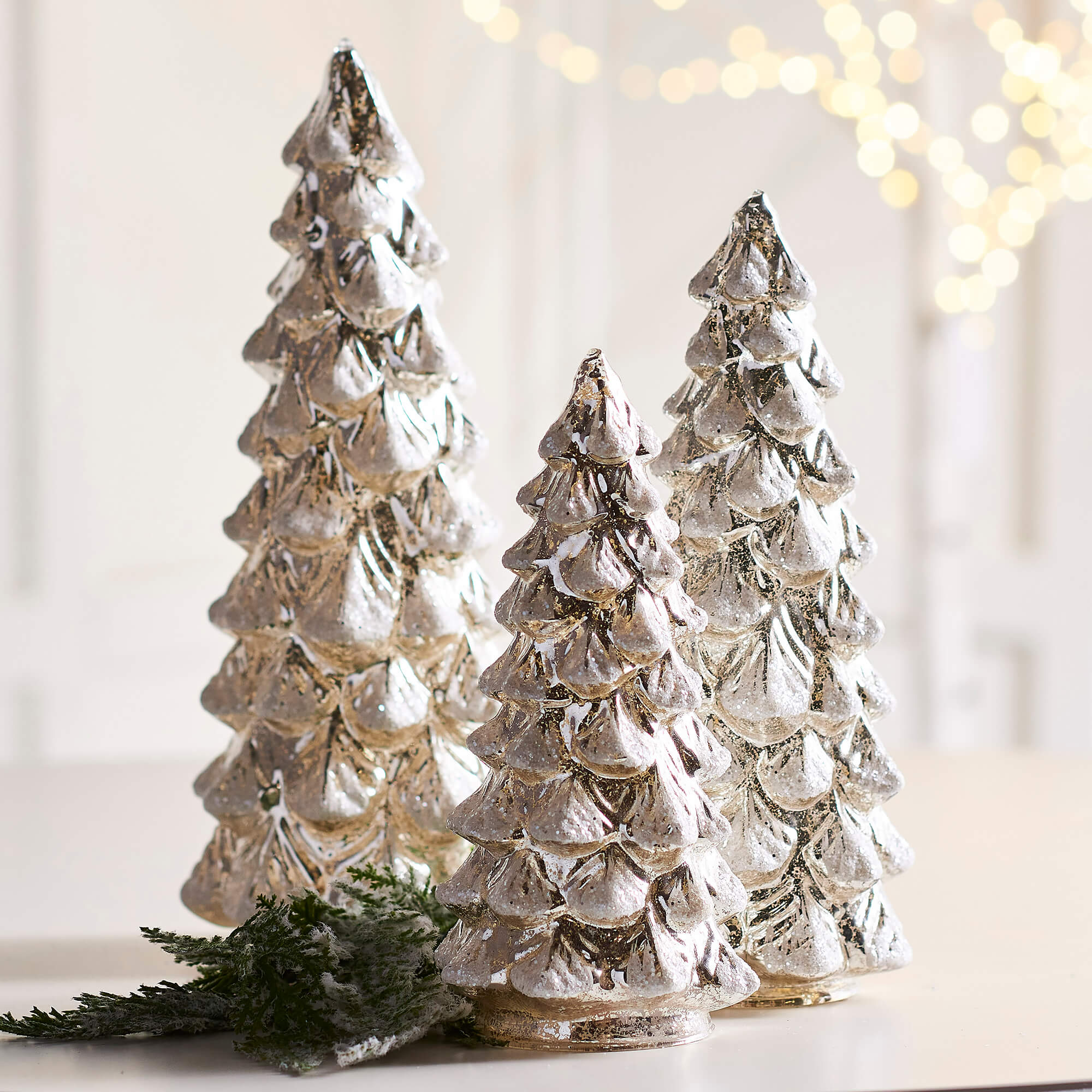 Snowy Silver Mercury Glass Lighted Trees Set/3 - Christmas