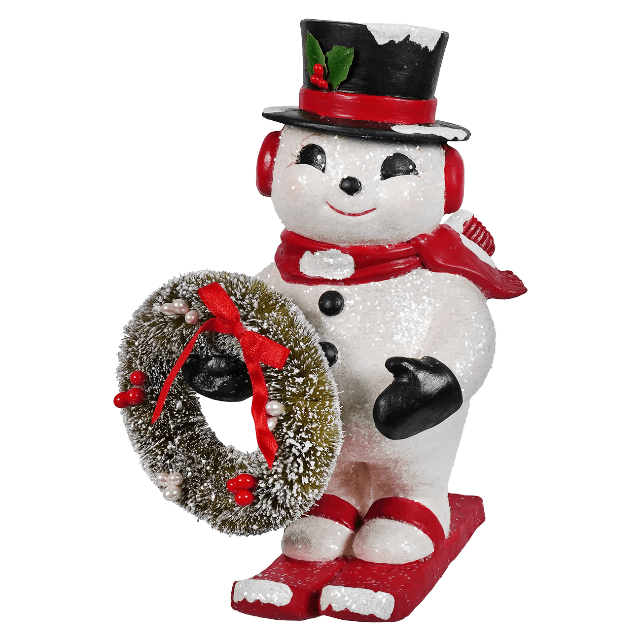 A festive white glittery snowman figurine from bethany lowe designs holding a frosted wreath snowy slopes frosty
