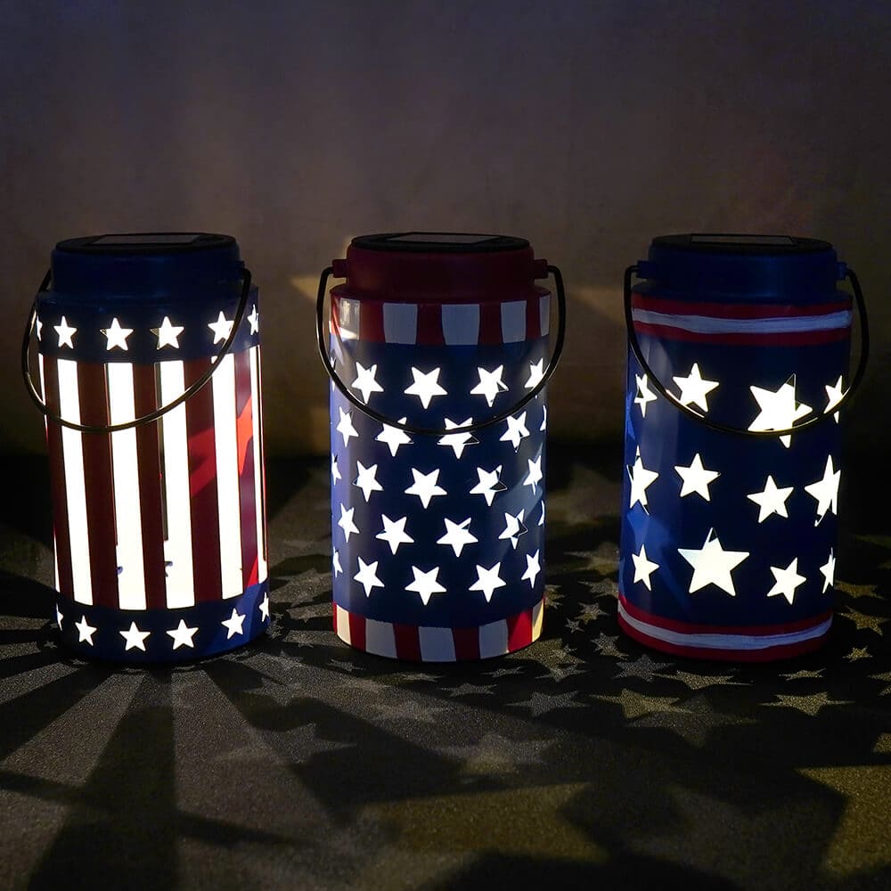 Solar Lighted Metal Americana Lanterns Set/3 - Patriotic