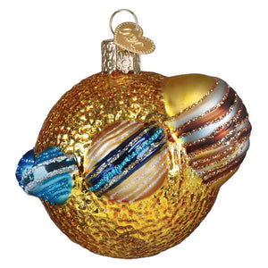 A golden glass christmas ornament shaped like a fish with textured scales and blue silver fins solar system ornament