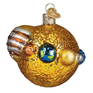 Golden textured christmas glass ornament shaped like a space probe with planet globes and metallic accents for world christmas glass decor