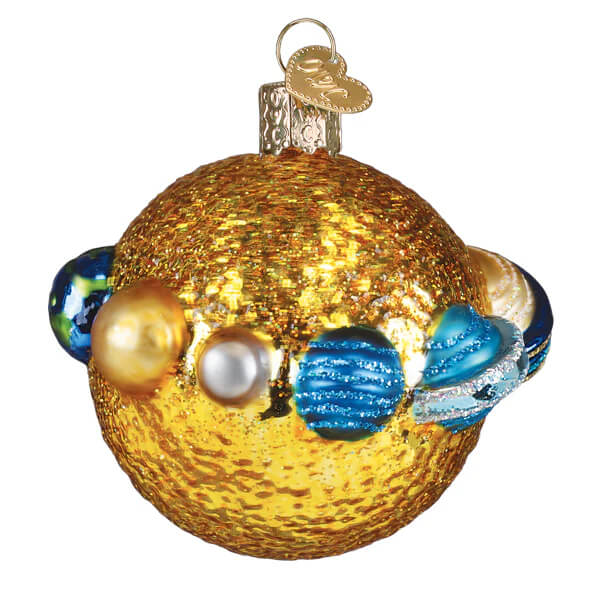 Golden textured christmas glass ornament with blue and gold planets and a silver heart tag solar system world christmas glass