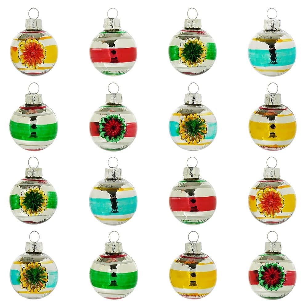 Set Of Six Vintage Style Glass Reflector Ball Ornaments