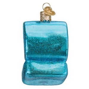Something blue ring box ornament figural decor in translucent turquoise glass with gold heart tag for tree toppers or garlands