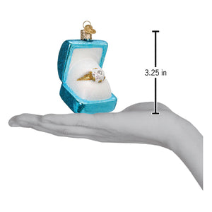 Something blue ring box ornament in turquoise glass with gold clasp and diamond ring perfect for figural decor