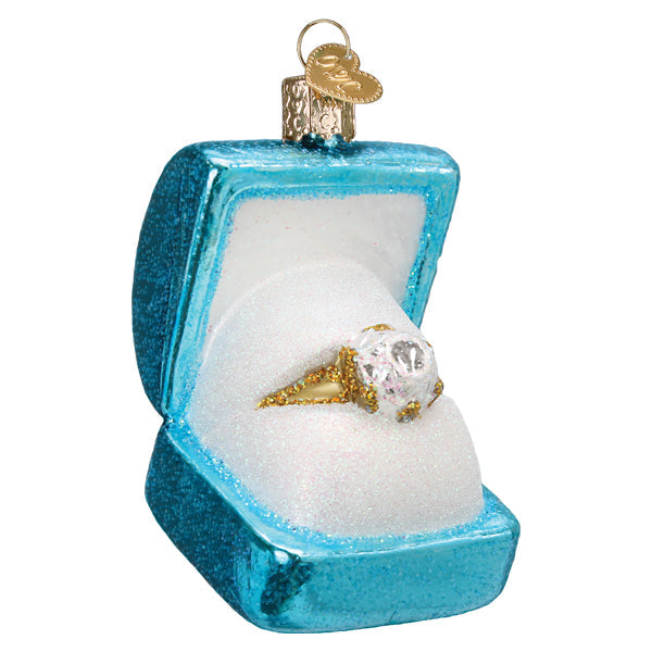 Something blue ring box ornament with turquoise glitter, gold heart tag, and diamond ring perfect for figural decor