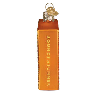 Orange glass sounds of summer album cover ornament shaped like cassette tape with gold glitter trim and embossing