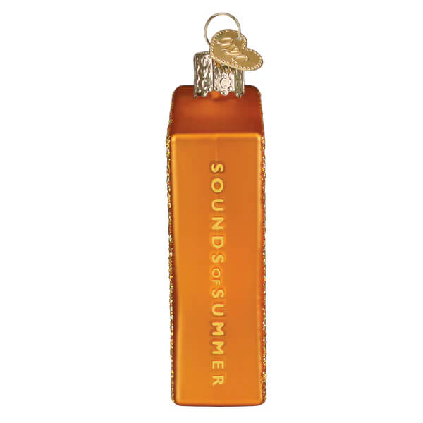 Orange glass sounds of summer album cover ornament shaped like cassette tape with gold glitter trim and embossing