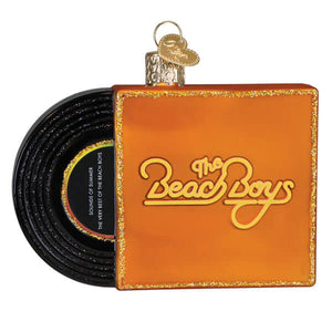 Orange glass sounds of summer album cover ornament shaped like a vinyl sleeve with gold glitter trim and beach boys record