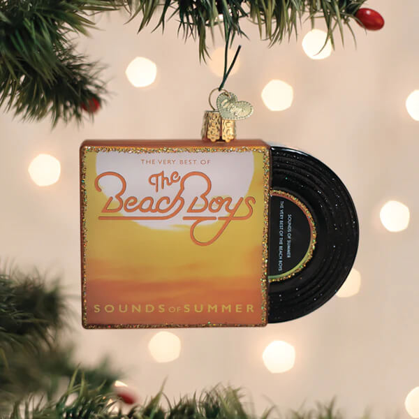 Glass sounds of summer album cover ornament shaped like a vinyl record with glittery gold trim and black sleeve label visible