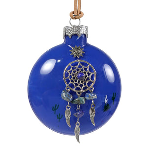 Vibrant cobalt blue southwest dreamcatcher ornament features silver angel wings and dangling stones by bette day