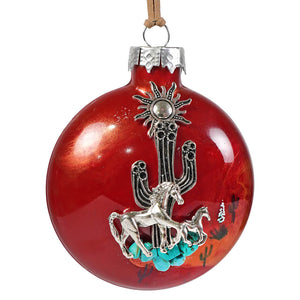 Southwest horse and cactus ornament features rich red glass with silver metal charms and turquoise beads at the base