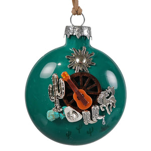 Southwest serenade ornament with teal glass and silver cactus, sun, horse, and cowboy boot charms plus orange guitar and turquoise stone