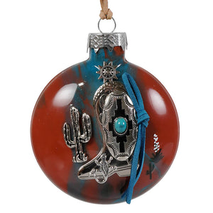 Southwestern boot glass ornament featuring a handcrafted silver cowboy boot with turquoise and metal cactus accents