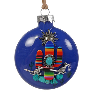 Vibrant blue southwestern cactus christmas ornament with colorful stripes turquoise stones and silver birds design
