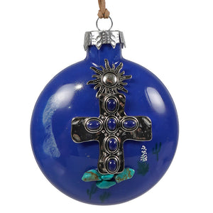 Southwestern cross christmas ornament with cobalt blue glass ball featuring a silver cross and turquoise stones