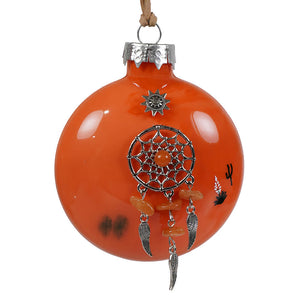 Orange glass southwestern dreamcatcher christmas ornament with silver design amber stones and feather charms by bette fraser day