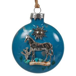 Blue glass southwestern horse christmas ornament with silver horse sun cactus and turquoise stones by bette fraser day