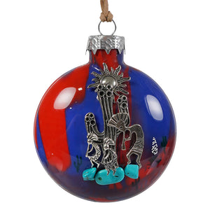 Vibrant red and blue southwestern kokopelli cactus christmas ornament with silver native american metal figures and turquoise stones