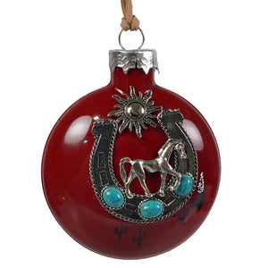 Red glass southwestern lucky horseshoe ornament features silver horseshoe with turquoise stones and horse figure