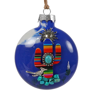 Vibrant blue glass southwestern serape cactus ornament with colorful cactus design turquoise stones and silver accents
