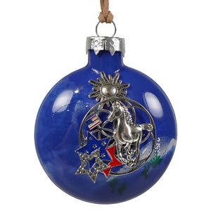 Blue glass stallion ornament with silver horse sun stars and red accents from bette day southwestern collection