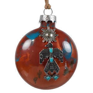 Southwestern thunderbird christmas ornament with marbled red blue glass and silver eagle pendant with turquoise stones