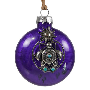 Purple glass southwestern turtle christmas ornament with silver turtle design turquoise accents and sun motif