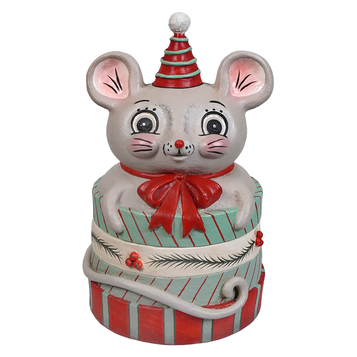 A charming gray mouse figurine in a red green party hat with red bow on a striped boo gift box by bethany lowe designs