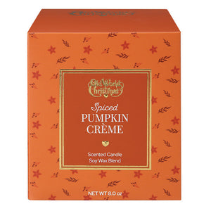 Orange box with red star and leaf patterns showcasing a creative co-op spiced pumpkin creme candle made from soy wax blend