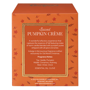 Orange cardboard spiced pumpkin creme candle box with red leaf berry patterns by old world christmas for cozy candle set