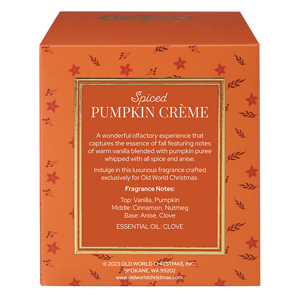 Orange cardboard spiced pumpkin creme candle box with red leaf berry patterns by old world christmas for cozy candle set