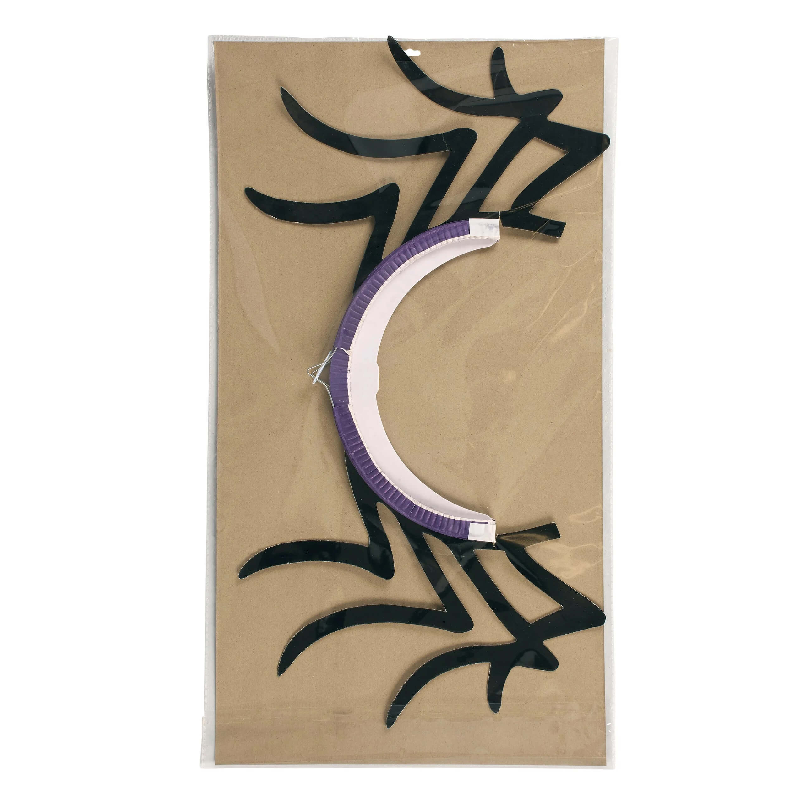 Purple and white paper plate crescent moon headband with black cutouts from spider accordion paper sitter decoration set