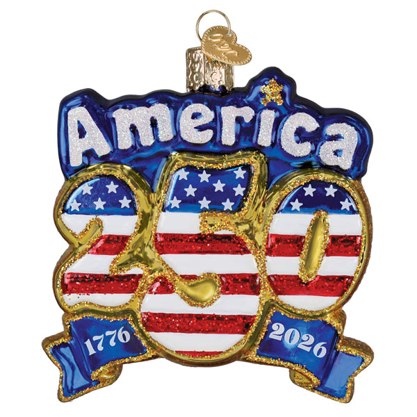 Spirit of 76 to 26 glass ornament with gold trim featuring red white and blue stripes and stars celebrating americas 250th anniversary