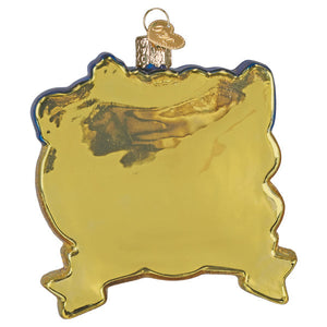 Golden glass spirit of 76 to 26 ornament shaped like state outline with blue trim for celebrating americas 250th anniversary