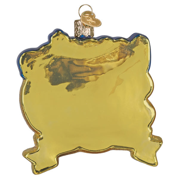 Golden glass spirit of 76 to 26 ornament shaped like state outline with blue trim for celebrating americas 250th anniversary