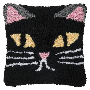 Spooky cat face hooked acrylic pillow featuring a black cat design perfect as a cozy cat pillow for halloween decor