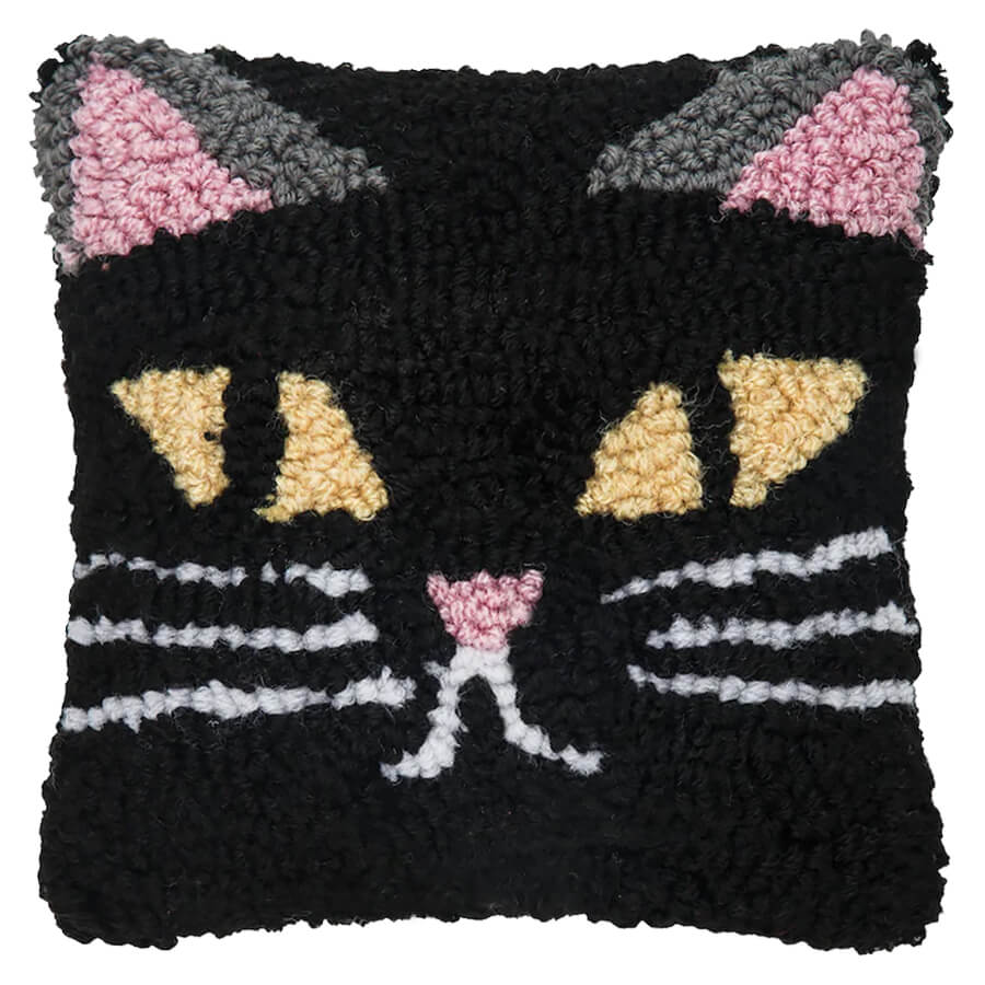 Spooky cat face hooked acrylic pillow featuring a black cat design perfect as a cozy cat pillow for halloween decor