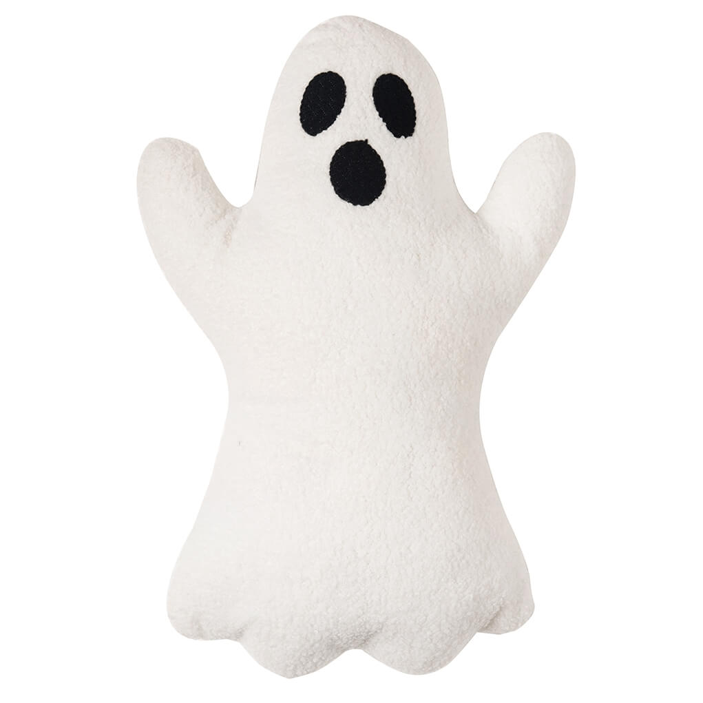 White plush ghost toy with black eyes and mouth.