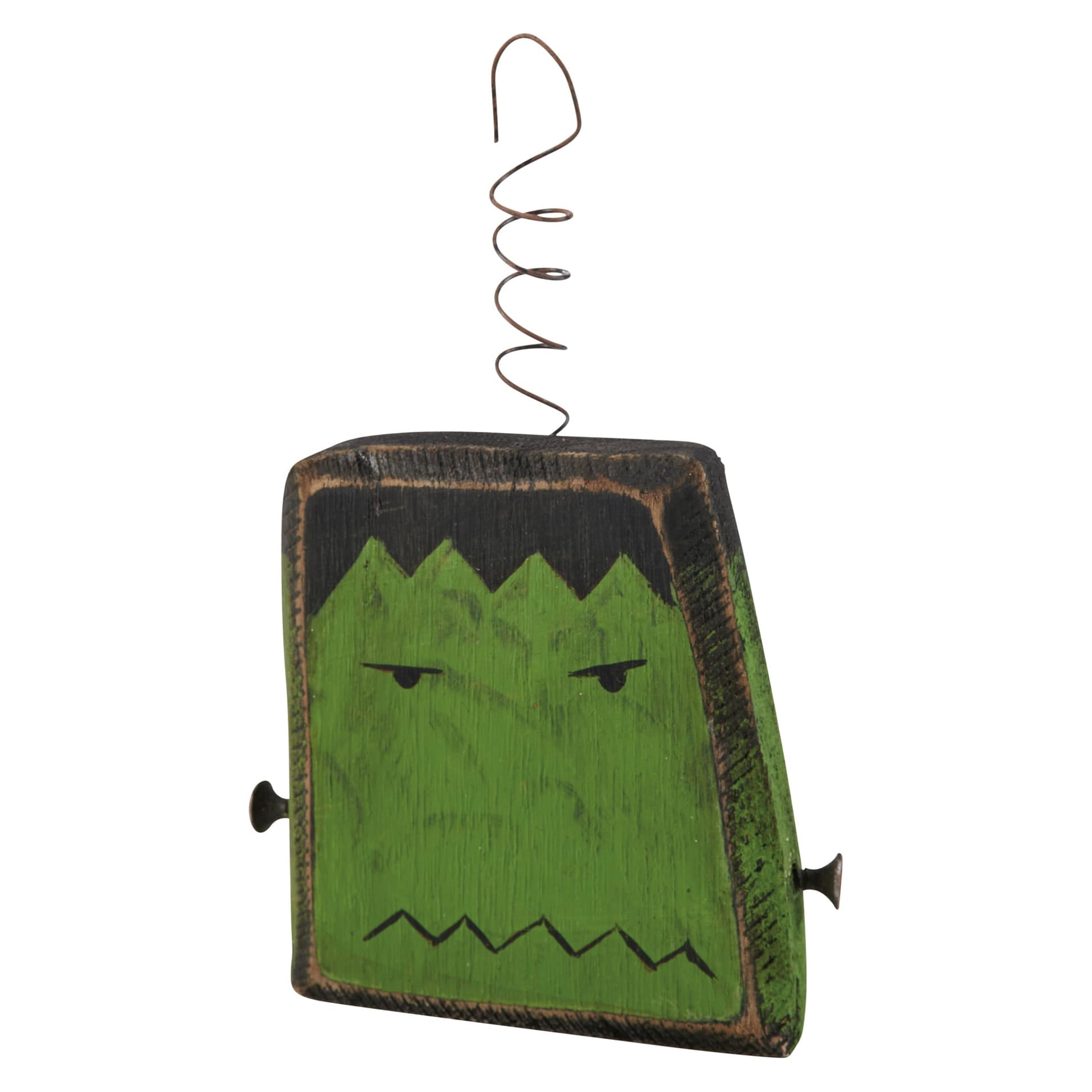 Green painted wooden Frankenstein ornament with black bolts and wire hanger from spooky ornament set