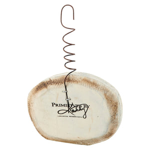 White rustic wood slice with dark brown wire coil hanger from spooky ornament set for halloween decor