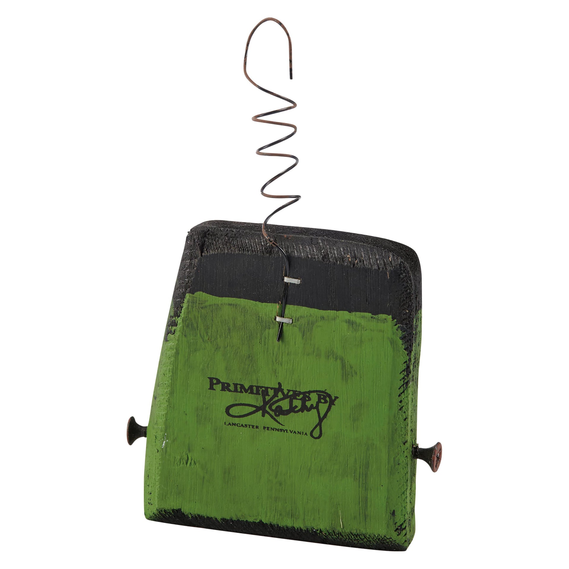 Green and black painted wooden frankenstein head ornament with wire hanger from spooky ornament set