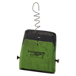 Green and black painted wooden frankenstein head ornament with wire hanger from spooky ornament set