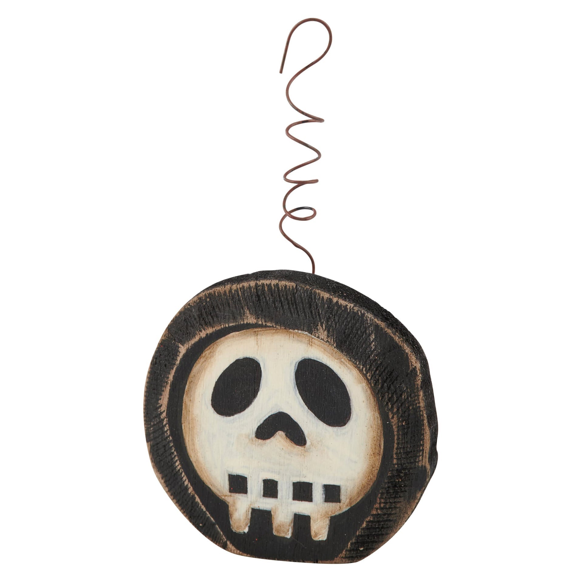 Black and cream wooden skull ornament with twisted wire hanger from spooky ornament set vintage inspired design