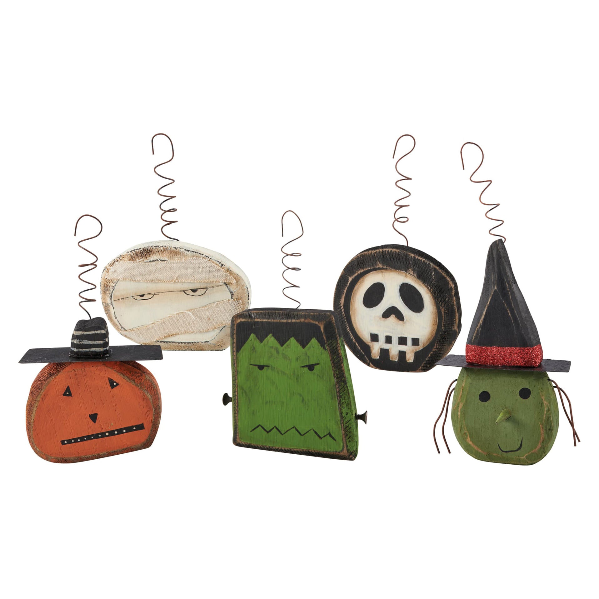 Set of five vintage inspired spooky ornament set featuring painted wooden halloween characters pumpkin witch skull mummy frankenstein