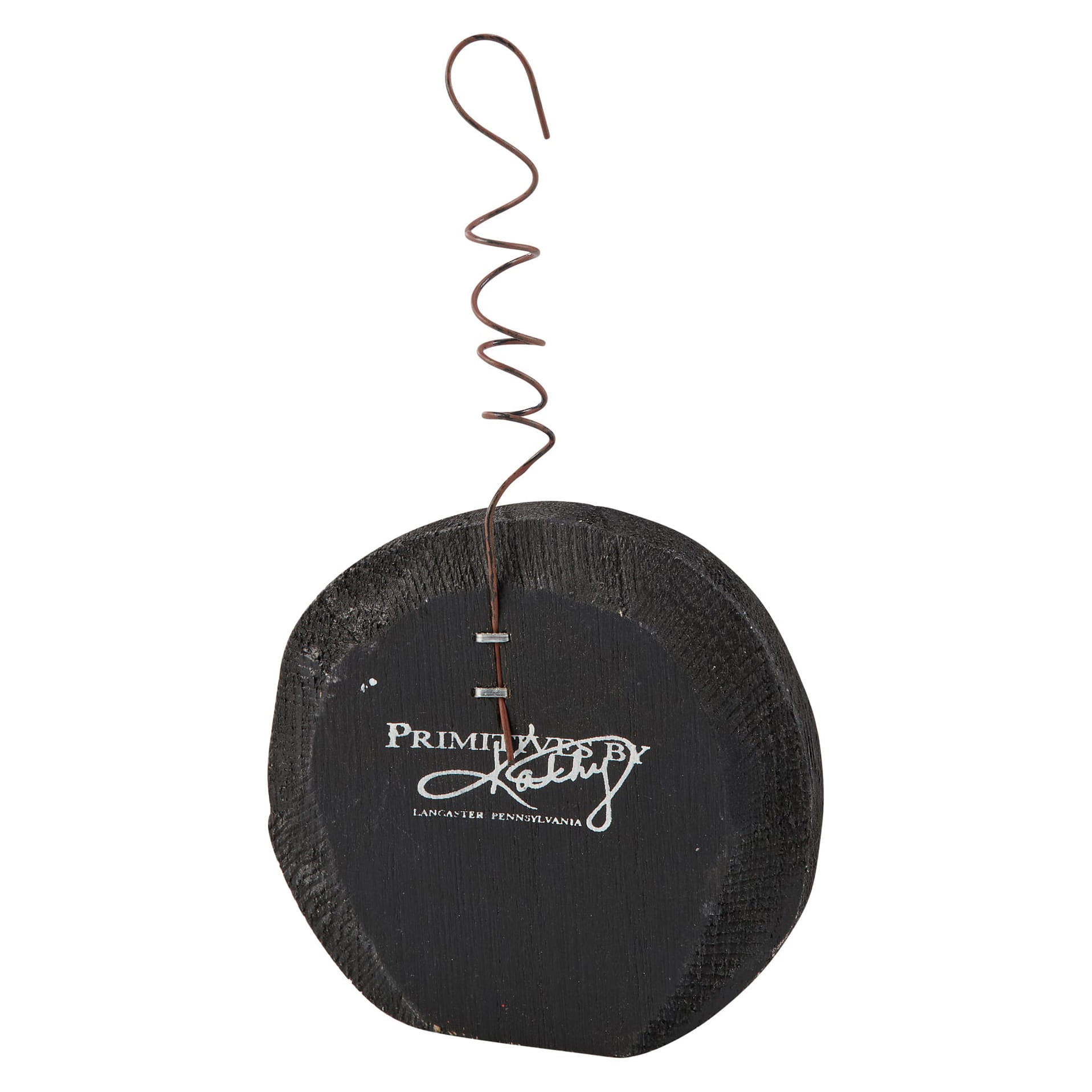 Black rustic wood slice ornament with twisted wire hanger from spooky ornament set with vintage inspired style
