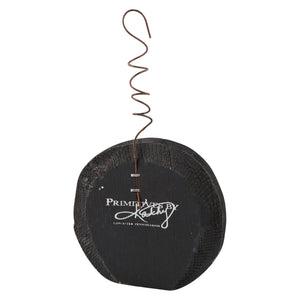 Black rustic wood slice ornament with twisted wire hanger from spooky ornament set with vintage inspired style