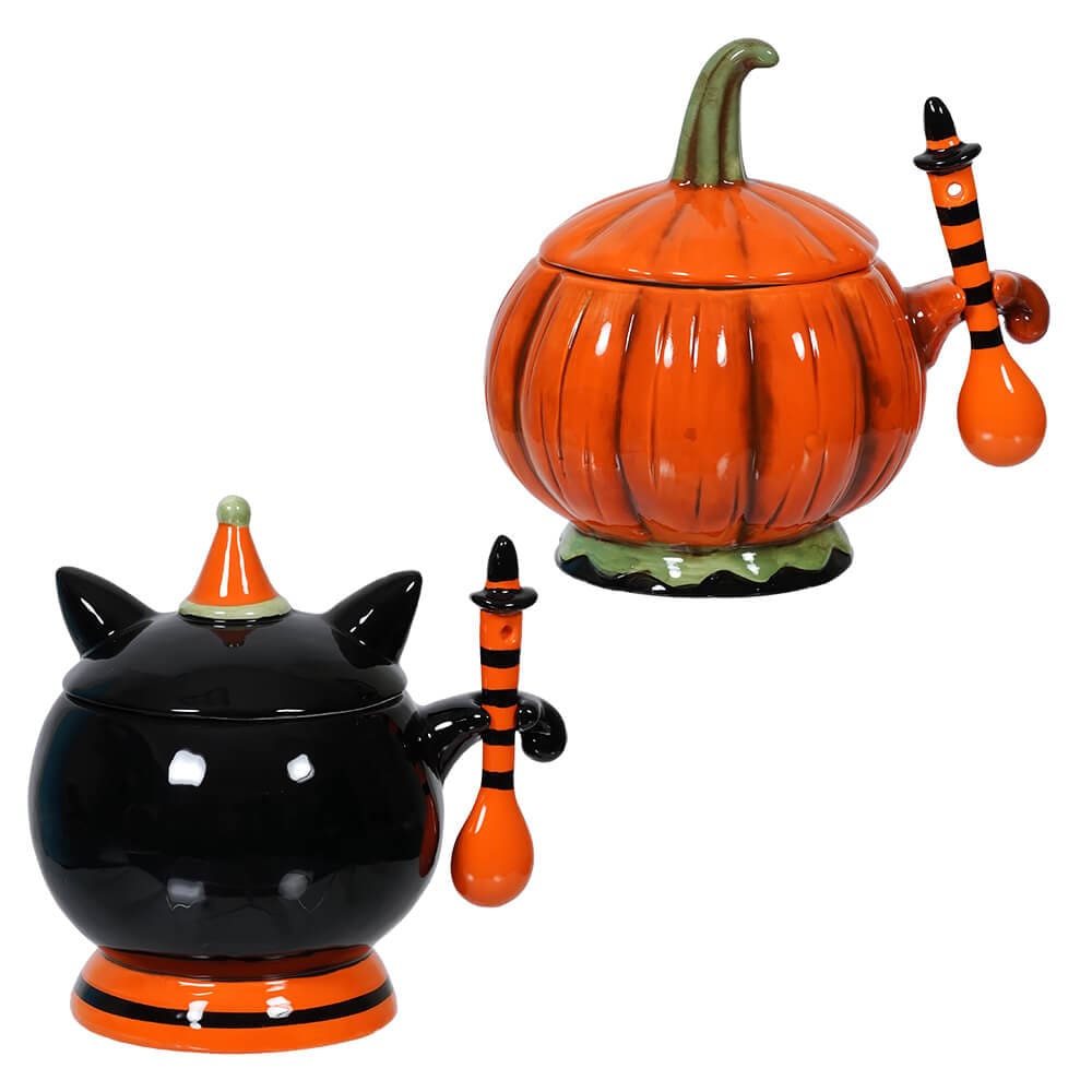 Spooky Halloween Pumpkin & Cat Bowls w/Spoons Set/2