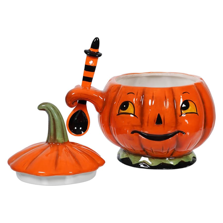 Spooky Halloween Pumpkin & Cat Bowls w/Spoons Set/2