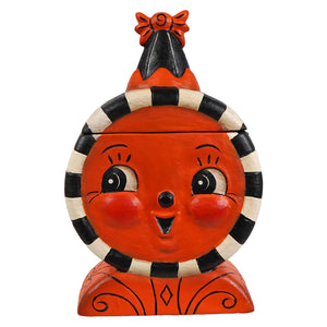 Orange ceramic laughing treat box with black and white striped border and red bow jack o lantern cookie jar